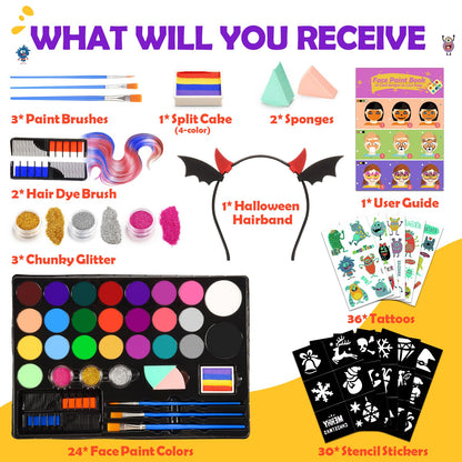 Face Painting Kit for Kids, 24 Colors Water Based Non-Toxic Face Paint with Stencils & Brushes, Professional Body Makeup Set for Halloween, Birthday, Parties with Guide Book Art and Craft Art Supplies