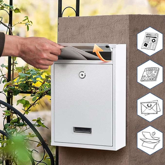 KYODOLED Locking Wall Mount Mailbox with Key Lock, White | Heavy-Duty Steel, Secure Drop Box for Letters, Cash & Cards, Weather Resistant, Home, Office & Apartment Use
