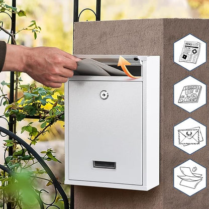 KYODOLED Locking Wall Mount Mailbox with Key Lock, White | Heavy-Duty Steel, Secure Drop Box for Letters, Cash & Cards, Weather Resistant, Home, Office & Apartment Use