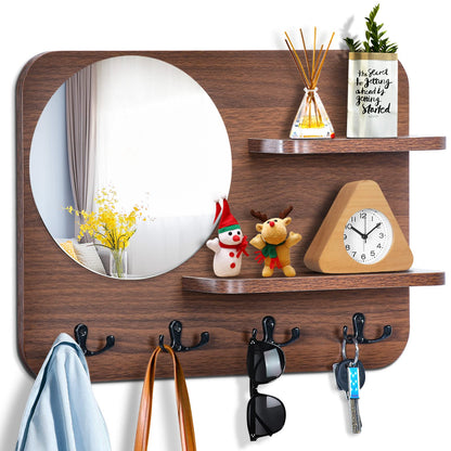 YeadCedle Coat Rack with Shelf Rustic Wooden Wall Mounted Hanging Coat Rack with Mirror Shelves and 4 Double Hooks Decorative Entryway Hook Shelf for Hallway Living Room Bedroom 16"x12" (Brown S)