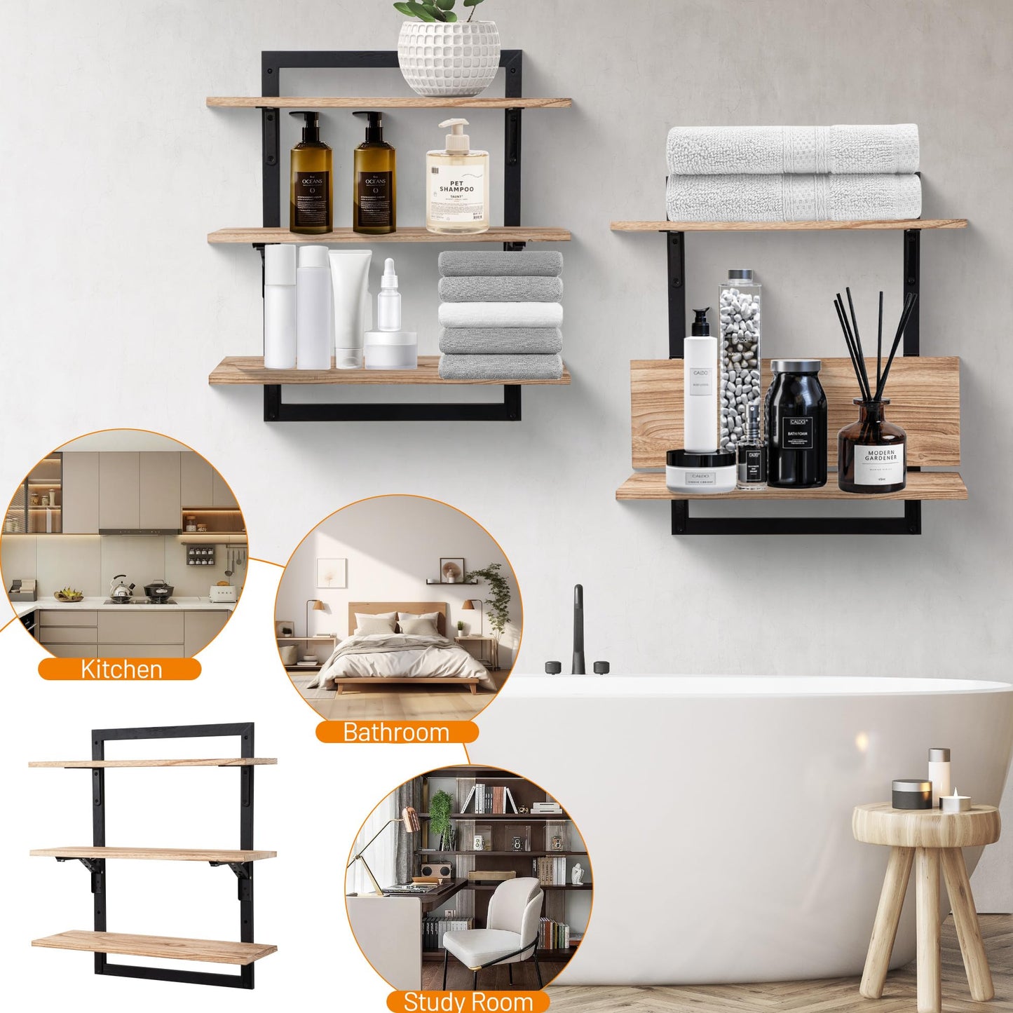 Wodhels 24-Inch Floating Shelves for Wall，3-Tier Wooden Wall Mounted Kitchen Shelves with Foldable Brackets,Hanging Wall Shelves for Living Room, Coffee Bar，Bedroom, Bathroom,Rustic Brown