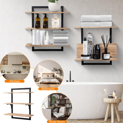Wodhels 24-Inch Floating Shelves for Wall，3-Tier Wooden Wall Mounted Kitchen Shelves with Foldable Brackets,Hanging Wall Shelves for Living Room, Coffee Bar，Bedroom, Bathroom,Rustic Brown