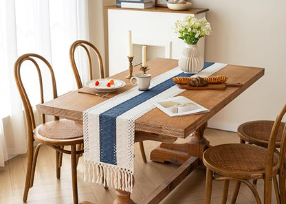 FEXIA Boho Blue Table Runner 60 Inches Long with Tassels Macrame Farmhouse Summer Style Graduation Party Rustic Wedding Baby Shower Dining Kitchen Living Room Decor (12x60 Inches)