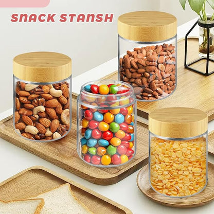 Wresty Empty Clear Glass jars with Airtight Lids Overnight Oats Containers Glass Food Storage Containers Glass Mason Jars For Yogurt Snacks Spice Sugar Jam And More (4 Pcs Bamboo Lids, 500ml/16.7oz)