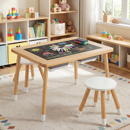 Costzon Toddler Sensory Table and Chairs, Wooden Table and Chair Set w/Double-Sided Boards & 2 Foldable Storage Bins, All-in-One Kids Activity Table for Draw, Sand, Water Play (3 PCS,Natural & White)