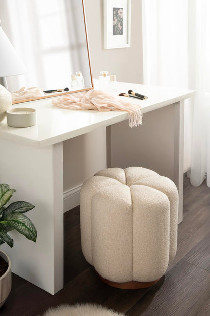 Kate and Laurel Lucida Round Upholstered Ottoman with Mango Wood Base, 16 x 16 x 18, Soft White and Dark Brown, Modern Scalloped Boucle Ottoman Foot Rest for Apartment or Living Room Decor