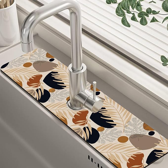 Boho Tropical Leaves Kitchen Sink Splash Guard Mat Absorbent Fast Drying Mat