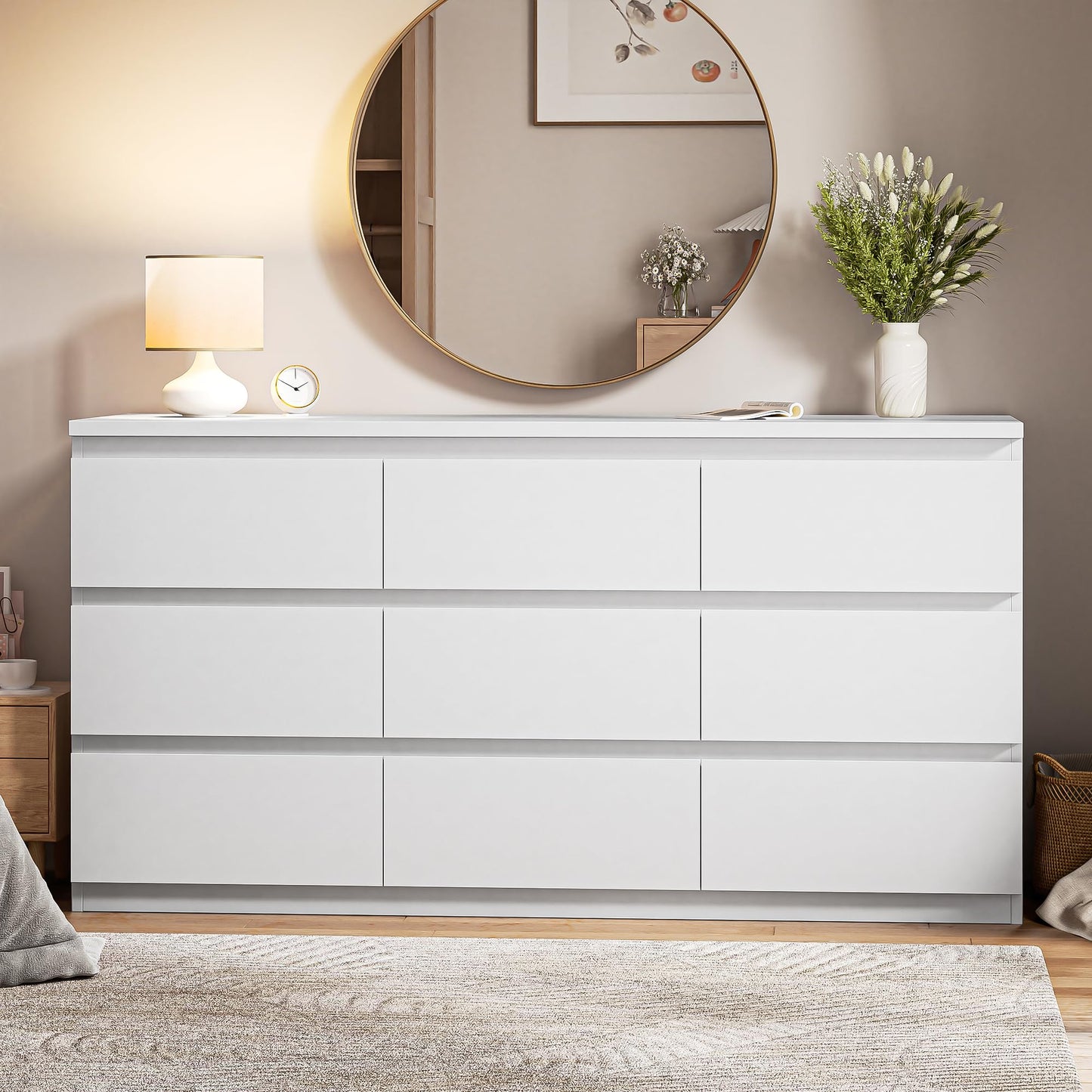 Jocoevol Modern White 9 Drawer Dresser for Bedroom, Simply Chest of Drawers, Wood Storage Dresser with Deep Drawers for Living Room Hallway Entryway (White)