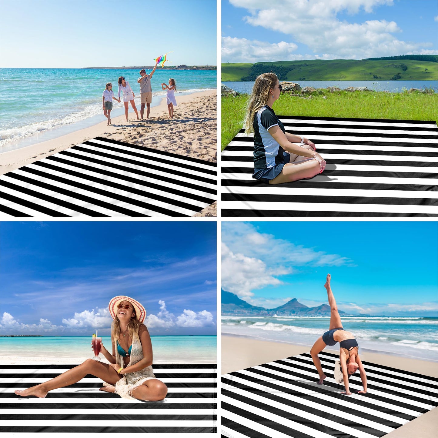 Waterproof Sandproof Beach Blanket, 78''×86'' Large Outdoor Picnic Blanket for 4 Adults, Compact Beach Mat Sand Free for Travel, Camping, Beach Accessories Essentials for Vacation-Black & White Stripe