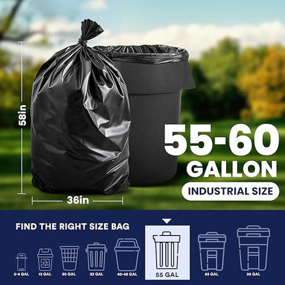 Plasticplace 55-60 Gallon Trash Bags │ 1.5 Mil │ Black Heavy Duty Garbage Can