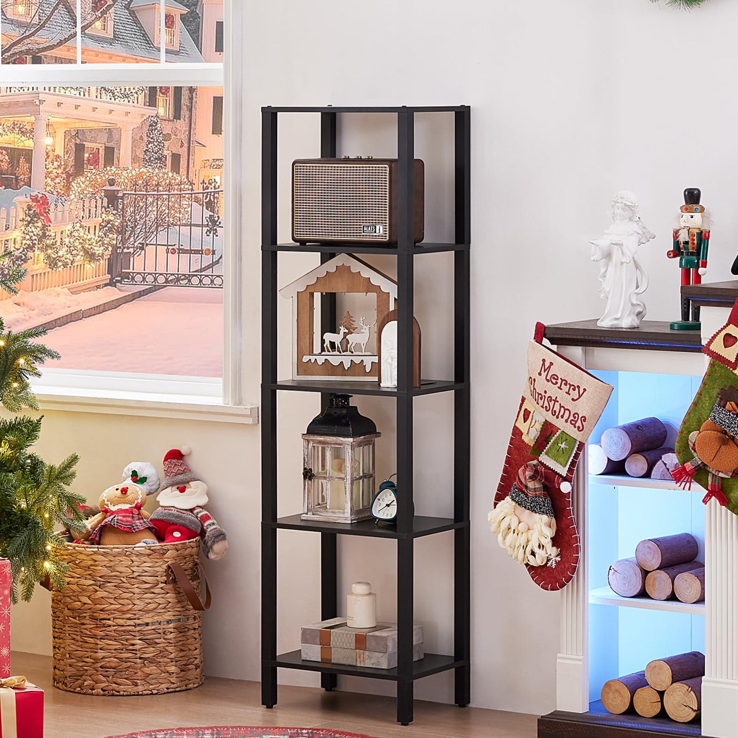 YUFAM 54in Tall Bookshelf 5-Tier Small Narrow Bookcase, Skinny Book Shelf for Small Space, Farmhouse Slim Shelf with Storage, Wood Freestanding Display Thin Bookshelves for Living Room, Office, Black
