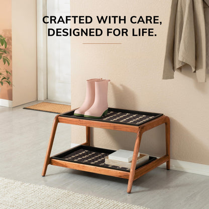Anji Mountain Heavy Duty Waterproof Wooden Shoe Storage Mat Organizer/Boot Storage Tray Multi Use for Entryway with Coir, Gray and Ivory Insert, 2 Tier, Fits 4 Pair (26.5" Wide)