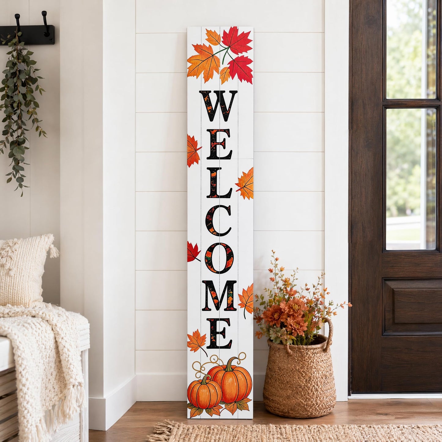 Hentonwell Vertical Wooden Fall Welcome Porch Sign,Rustic Autumn Porch Standing Sign,Decorative Leaning Sign for Front Entrance,Farmhouse Style Outdoor Welcome Decoration-47.2" H.