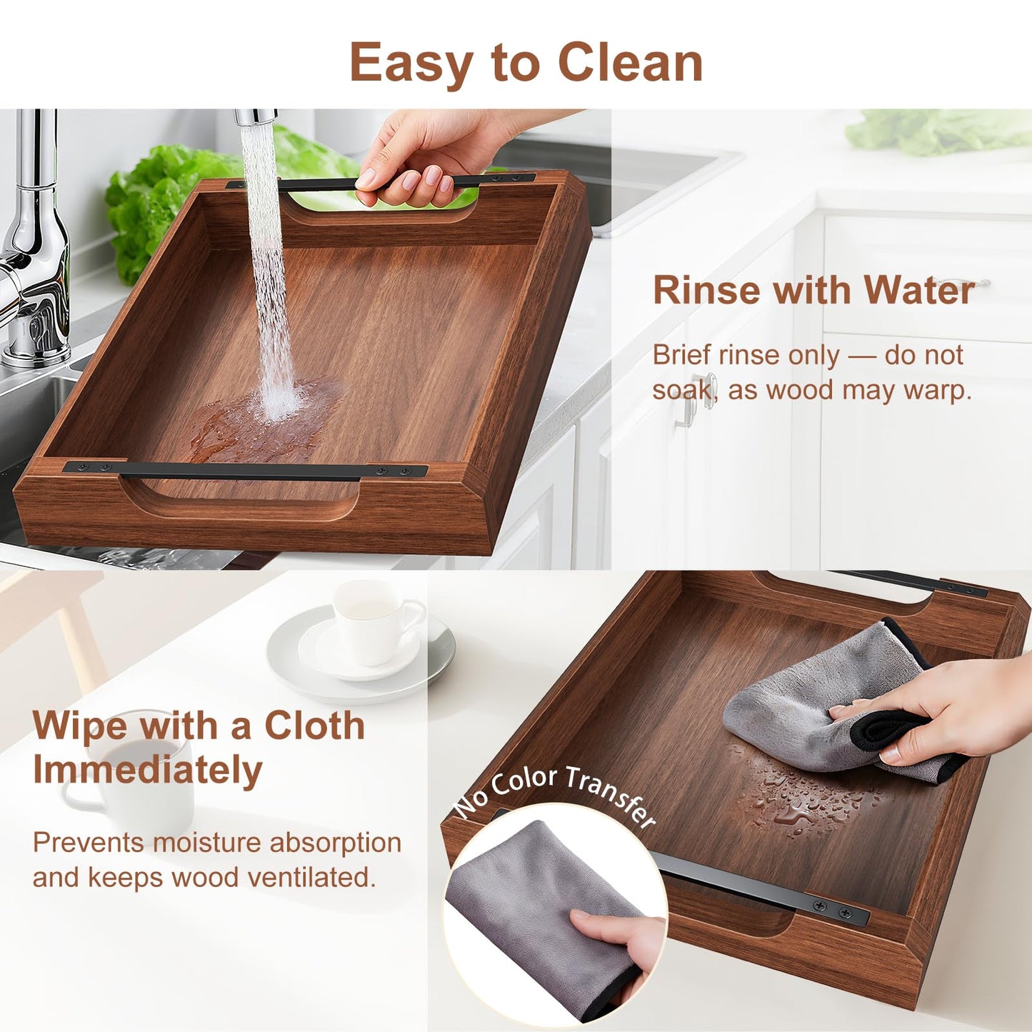 17 Inch Acacia Wood Ottoman Tray for Living Room, Wooden Serving Tray with Metal Handles, Large Serving Trays for Ottoman, Eating Food on Couch, Decorative Trays for Coffee Table, Bathroom, Home Decor