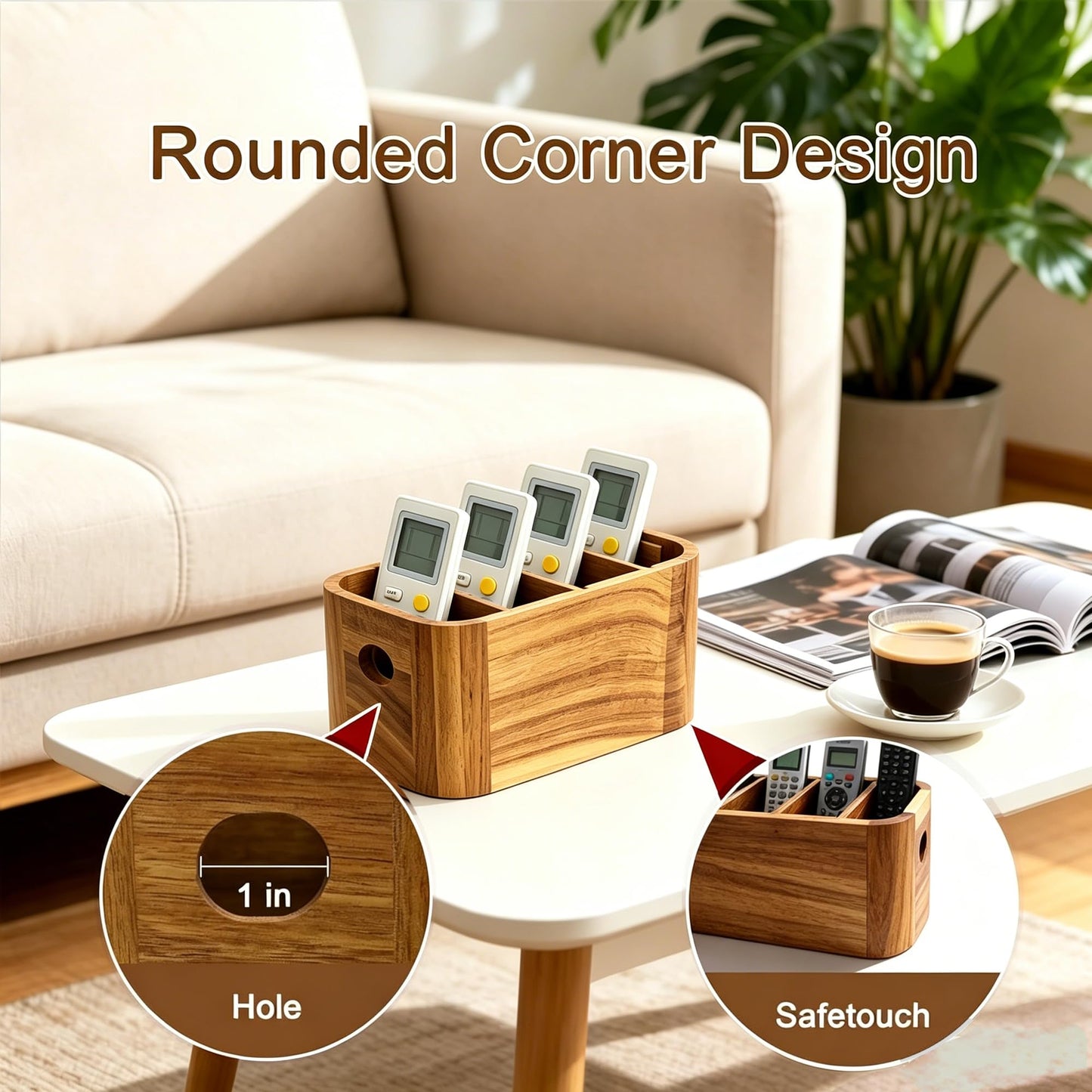 LEEBICHEN Acacia Wood Remote Control Holder, TV Remote Holder - 4 Compartment Remote Control Storage Organizer, Small Wooden Desktop Caddy for Coffee Table, Nightstand, Living Room, Office, Vanity
