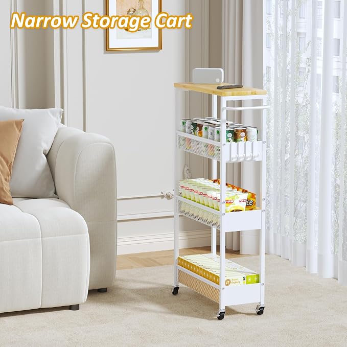 Vincona 7.1" Wide Slim Storage Cart on Wheels, 4 Tier Metal Narrow Rolling Cart with Handle and Wood Top, Multifunctional Small Mobile Shelf Unit Organizer Trolley for Laundry, Bathroom, Kitchen
