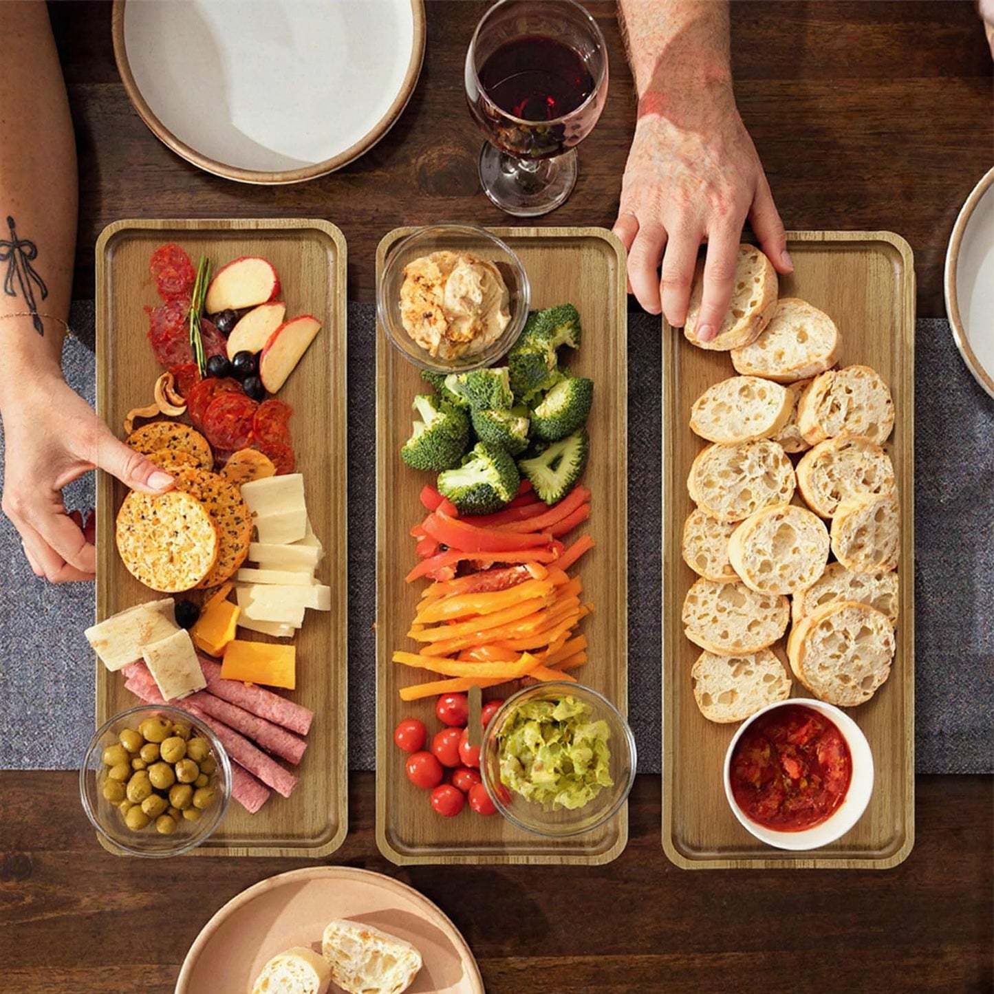 6Pcs Acacia Wooden Serving Tray - Wooden Charcuterie Board - Rectangle Wood Platter for Serving Food, Fruit & Cheese Board Wood Dessert Trays (6, 14"x5.5"x0.6")