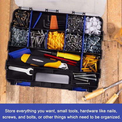 Hardware Organizer Box with 34 Compartments & Removable Dividers - Durable Plastic Double Side Tools Box for Nuts, Bolts, Screws, Nails & Small Hardware (Blue)
