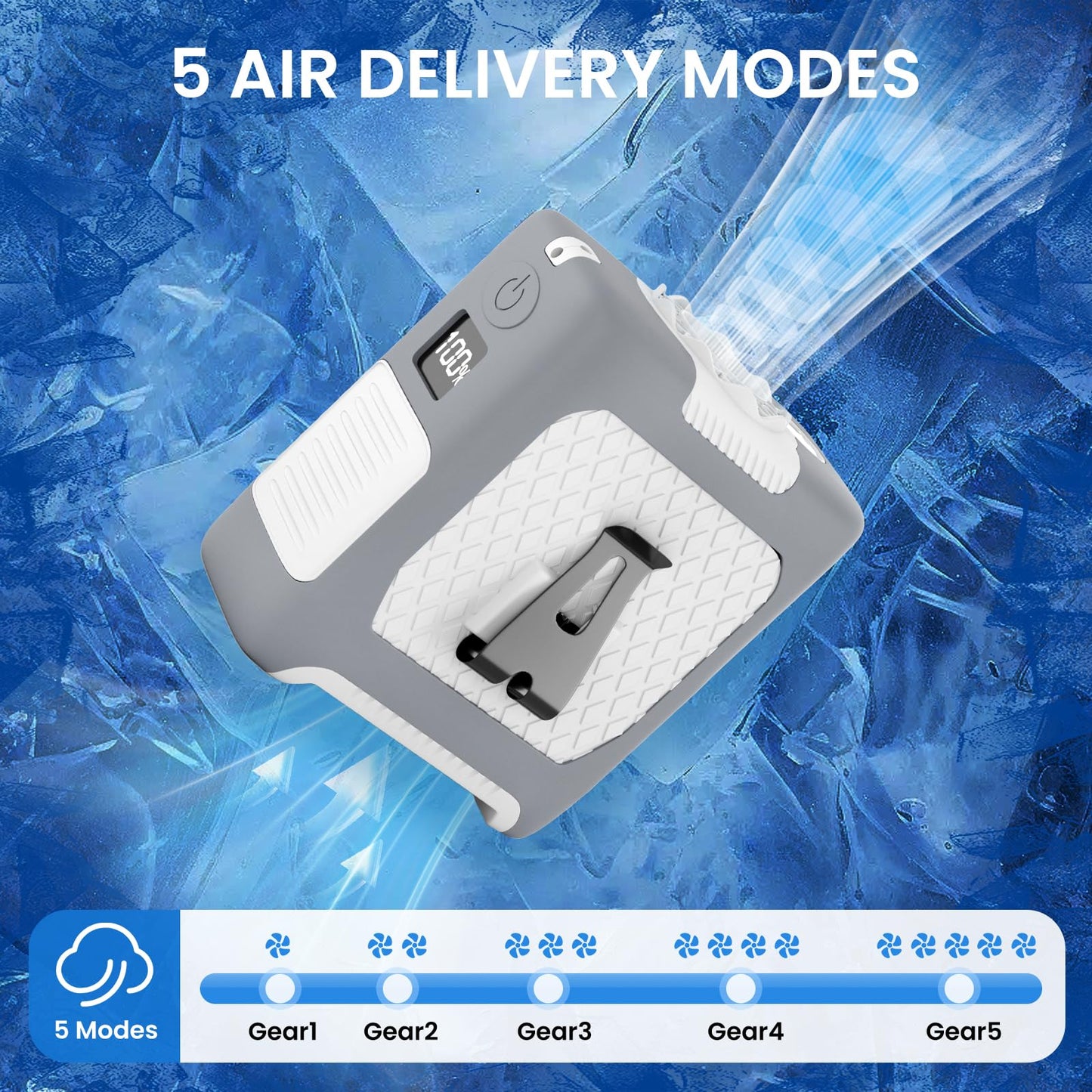Portable Fan Wearable Personal Fan with 5 Speed Max 55 Working Hours Low Noise Portable Neck Fans Cooling Waist Fans for Camping Traveling LED Power Display 10000mAh Rechargeable (White and Gray)