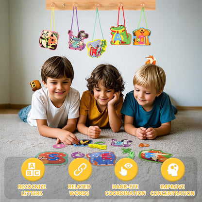52 PCS Animals Lacing Cards for Kids Ages 3-5, Uppercase Sewing Cards Kits, Animal Alphabet Matching Games for Preschool Learning, Developing Fine Motor Skills Supplies
