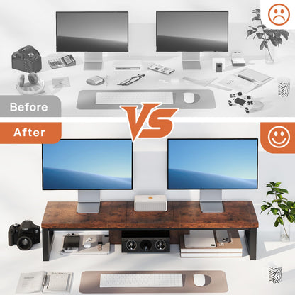 HEWORLIF Dual Monitor Stand Riser, Wood and Steel Monitor Riser, Long Computer Monitor Stands for 2 Monitors, Desk Shelf for Computer, Laptop, Printer, TV, Brown