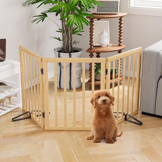 Semiocthome Bamboo Freestanding Dog Gates for Doorways, 3-Panel Indoor Puppy Gates for The House with 2 Metal Stands, 24"(H) Folding Pet Gate for Stairs Expands Up to 55"(W) No Installation Resquired