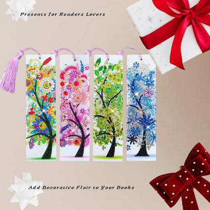 4 Pcs LINGFANG Diamond Painting Bookmark, Leather DIY Book Makers for Adults Book Lovers, Diamond Art Beginners, Small Diamond Art Kits, Paint by Art Crafts Supplies Gift for Girls (Season Tree)