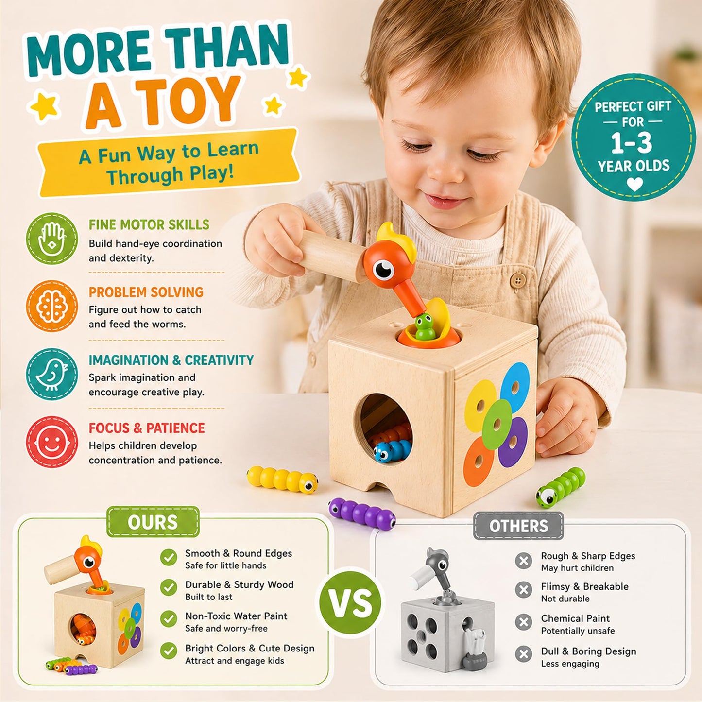 Paisure 5-in-1 Wooden Activity Cube, Magnetic Bird Feeding Toy