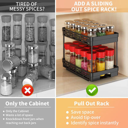 Pull Out Spice Rack Organizer for Cabinet, 3 Packs Slide Out Spice Racks Organizer, Spice Cabinet Organizers, Cabinet Size Need:12'' Highx11'' Deepx5'' Wide,Each Tier Hold 10 Spice Jar - 2 Tier, Black
