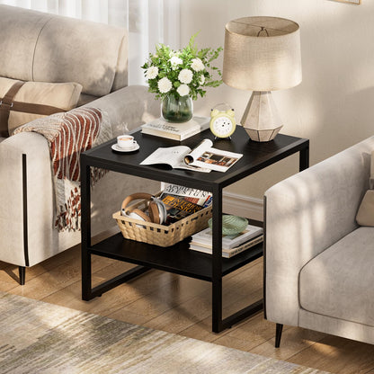 Homieasy End Table, 20 Inch Square End Table, Mini Fridge Stand with 2-Tier Storage Shelves, Industrial Wood Side Table Small Table Stand for Living Room, Bedroom, Office, Black