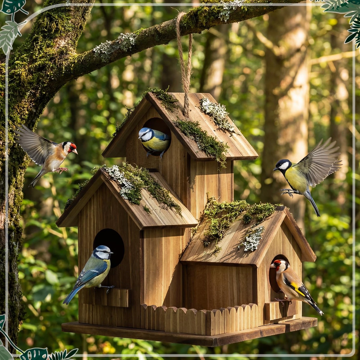AceOrbit 2 Pcs Bird Houses for Outside 3 Hole Wooden Bird House 7.48 x 5.91 x 5.91 Garden Backyard Decor Weather Resistant Birds Shelter Rustic Outdoor Hanging Birdhouse for Bluebird Finche Cardinal