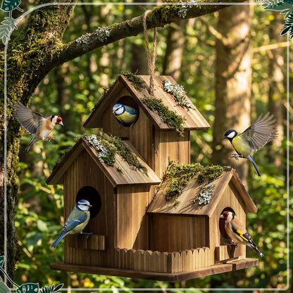 AceOrbit 2 Pcs Bird Houses for Outside 3 Hole Wooden Bird House 7.48 x 5.91 x 5.91 Garden Backyard Decor Weather Resistant Birds Shelter Rustic Outdoor Hanging Birdhouse for Bluebird Finche Cardinal