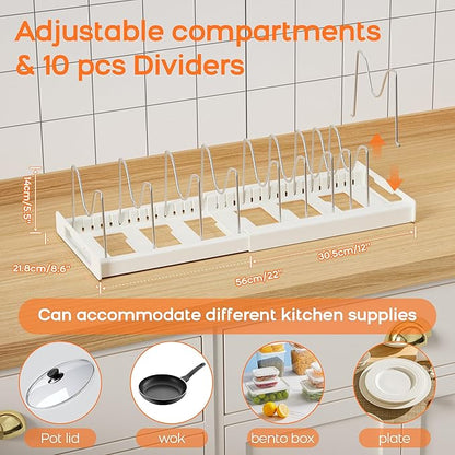 Nigelia 2 Pack Pots and Pans Organizer for Under Cabinet, 22" Expandable Food Storage Container Lid Organizers with 10 Adjustable Dividers Pot Lid Holders Rack Inside Cabinet&Kitchen Countertop(White)