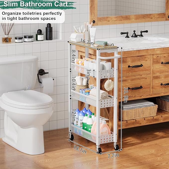 Slim Rolling Storage Cart, Laundry Room Organization and Storage Shelves for Between Washer and Dryer, Narrow Shelf Unit for Small Spaces, 4 Tier Thin Organizer Carts with Wheels for Bathroom, Kitchen