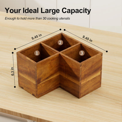 ZUJJAFY Utensil Holder, Corner Utensil Holder for Kitchen Counter, Acacia Wood Kitchen Utensil Holder for Countertop with 3 Compartments, Wooden Cooking Utensil Organizer for Spatula Storage