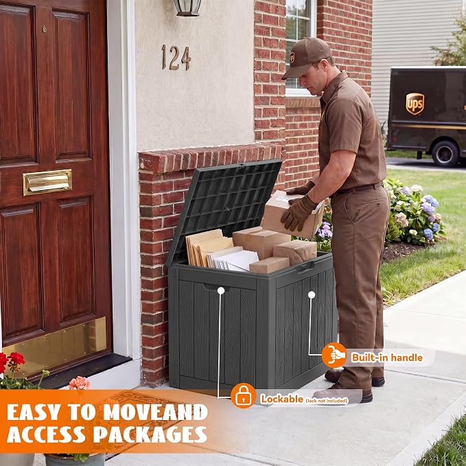 35 Gallon Package Delivery Boxes for Outside, Resin outdoor storage bin with a wood-grain pattern, Storage Cabinet for Parcel Shipping & Storage
