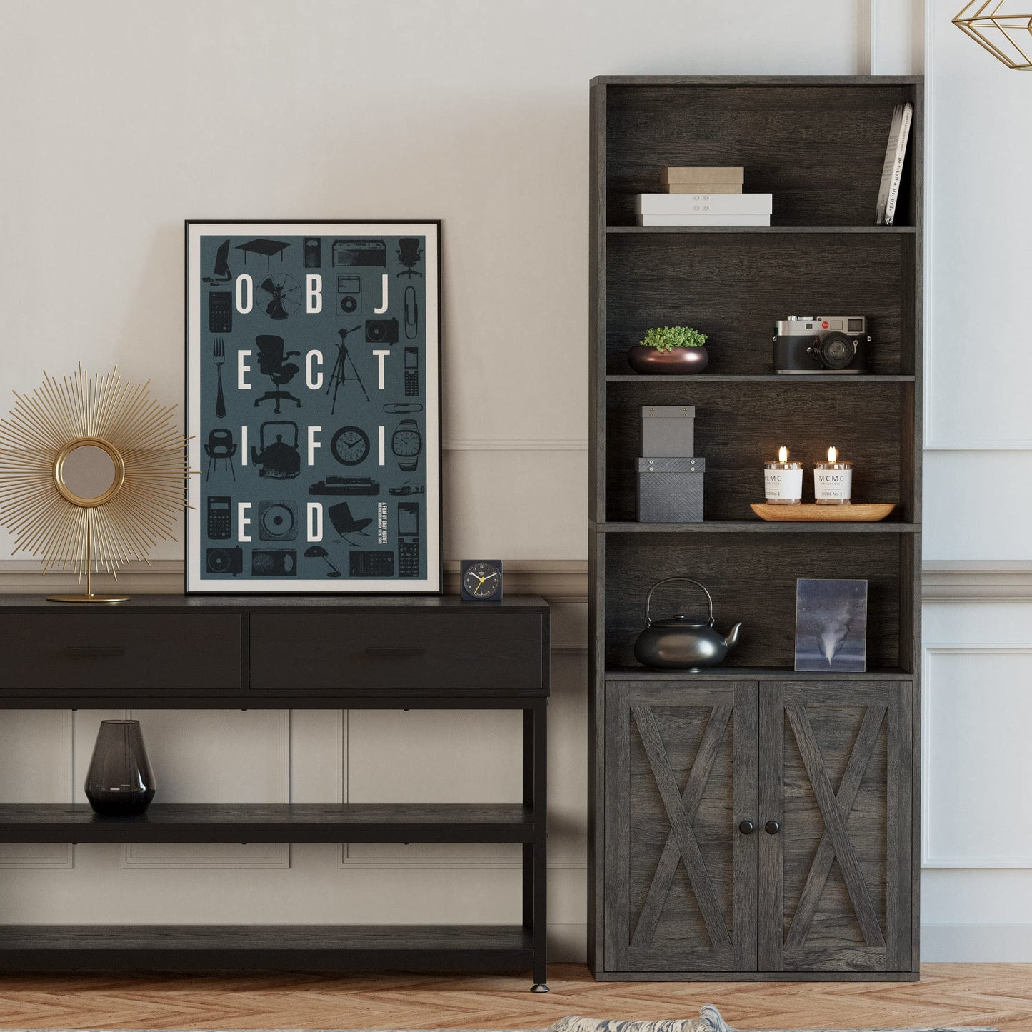 IRONCK Industrial Bookshelves and Bookcases with Doors Floor Standing 6 Shelf Display Storage Shelves 70 in Tall Bookcase for Home Office, Living Room