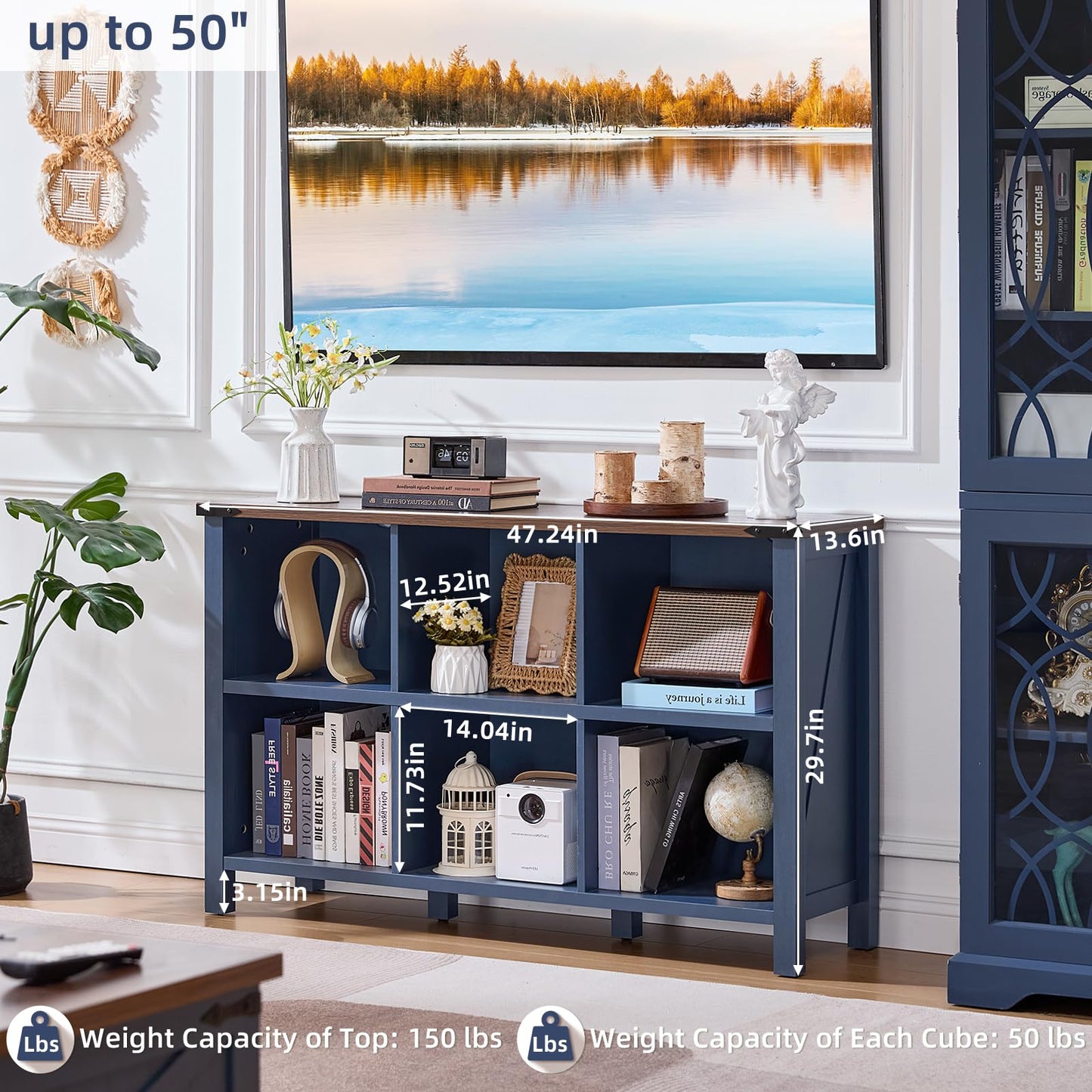 Joaxswe 6 Cube Bookcase, Farmhouse Wood Low Storage Organizer Book Shelf, 47" Horizontal Navy Blue Console Bookshelf with Legs, Hallway Book Case for Entryway, Display Cabinet for Living Room, Office
