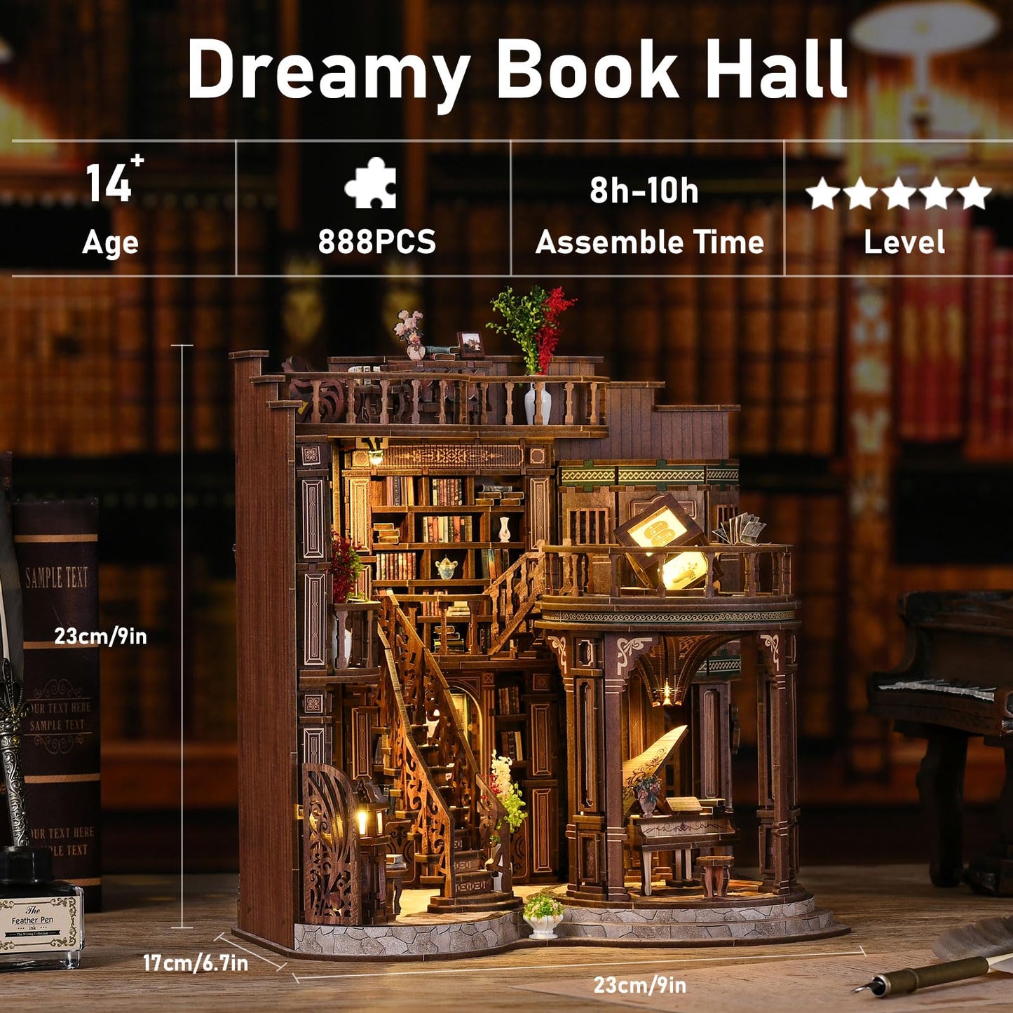 Book Nook Kit, DIY Miniature House with LED for Bookshelf Decor, Dreamy Book Hall 3D Wooden Puzzle Bookend, Relaxing DIY Craft for Adults & Teens (14+), 888PCS, Gift for Friends & Family