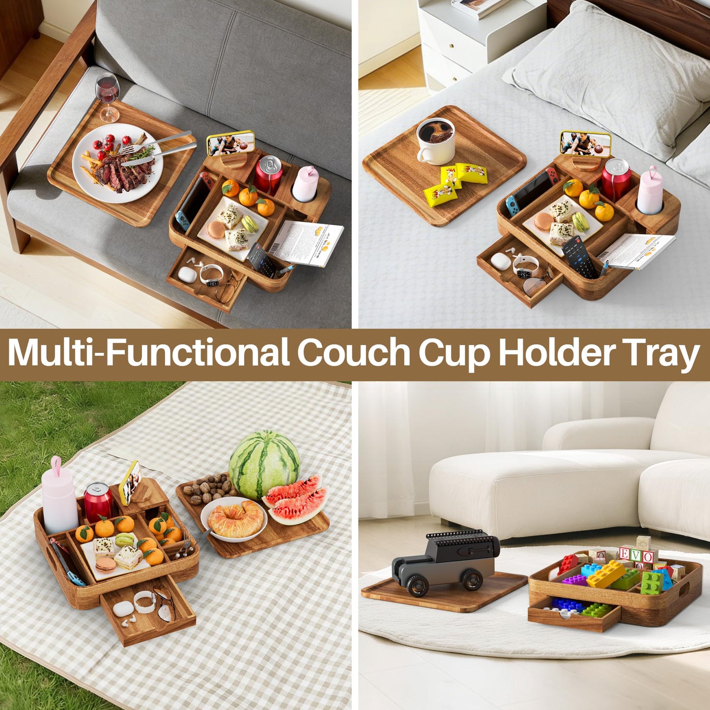 Couch Cup Holder, Couch Tray Cup Holder Sofa Tray, Acacia Wood Large Capacity 2-Tier Wooden Trays with Drawer for Sofa, Bed, Picnic, Drinks, Snacks, Remote, Cell Phone 12.5 * 12.5 in