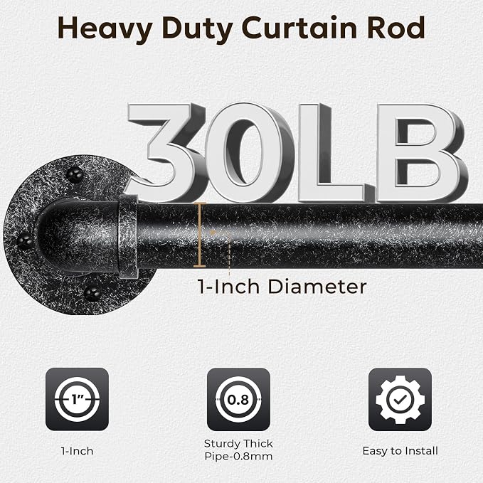 Zeerobee Curtain Rods for Windows 32 to 48, 1 Inch Industrial Wrap Around Vintage Black Curtain Rod, Indoor/Outdoor Room Divider Adjustable Drapery Pole, 32"-48"