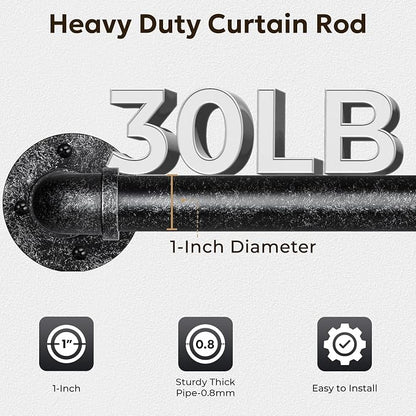 Zeerobee Curtain Rods for Windows 66 to 120, 1 Inch Industrial Wrap Around Vintage Black Curtain Rod, Indoor/Outdoor Room Divider Adjustable Drapery Pole, 66"-120"