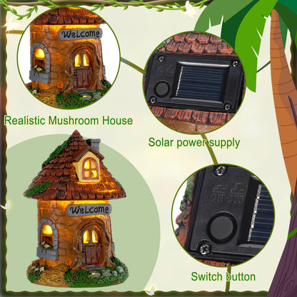 Leyndo 28 Pcs Solar House Garden Accessories Fairy Light up Fairy Figures Garden Kit Resin Miniature Mushroom House Figures Micro Landscape Ornaments (Fresh)