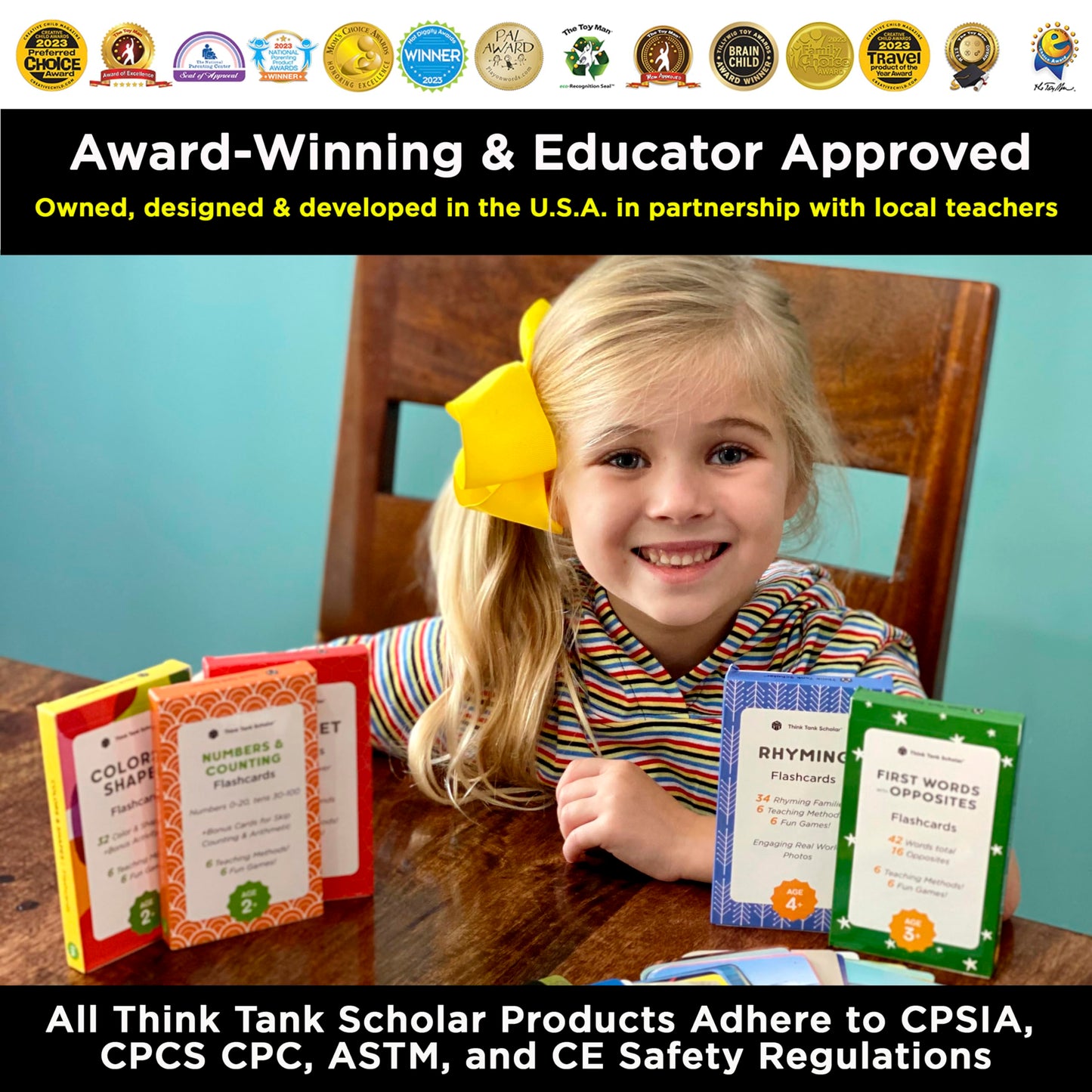 Award-Winning Flash Cards for Preschool & Kindergarten – 5-Deck Set, 180 Jumbo Cards – Learn Alphabet, Numbers, Colors, Shapes, First Words, Opposites & Rhyming – for Kids Ages 2–5