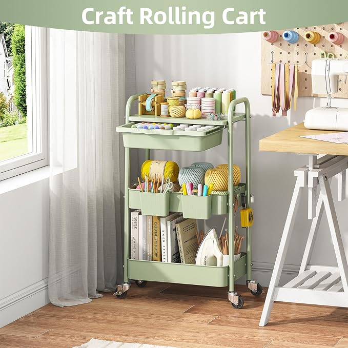 3 Tier Metal Rolling Utility Cart with Drawer & Lockable Wheels - Heavy Duty Multifunctional Storage Organizer with 2 Cups and 4 Hooks for Bathroom, Kitchen, Snack, Craft, Makeup, Baby Essentials