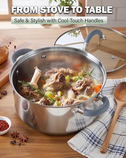 Cook N Home Basics 12 Quart Stainless Steel Stock Pot with Lid, Cooking Pot for Pasta, Soup, Stay-Cool Silicone Handle, Stockpot with Even Heating, Oven Safe, Cookware for Canning, Boiling, Simmer