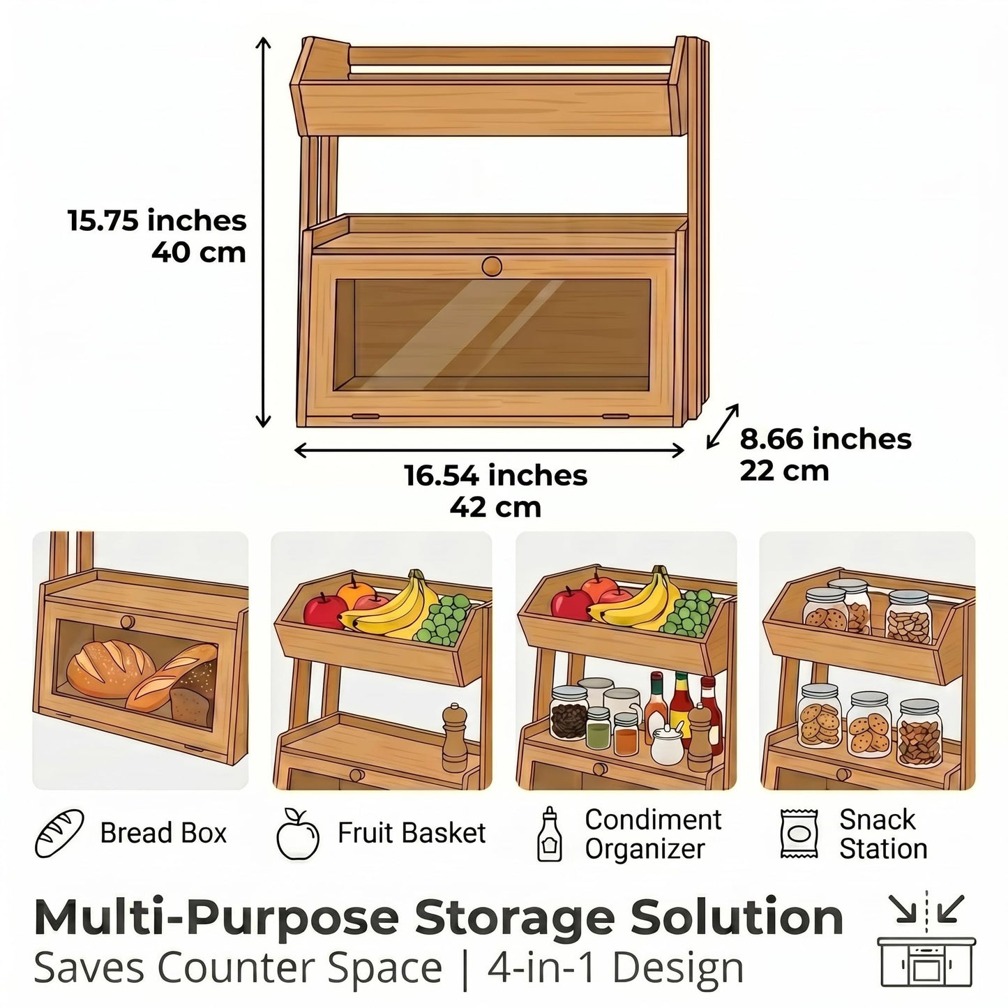YanKiTour Bamboo Bread Box for Kitchen Countertop, 2 Tier Large Storage with Fruit Basket Top and Window, Farmhouse Organizer for Snacks & Vegetables