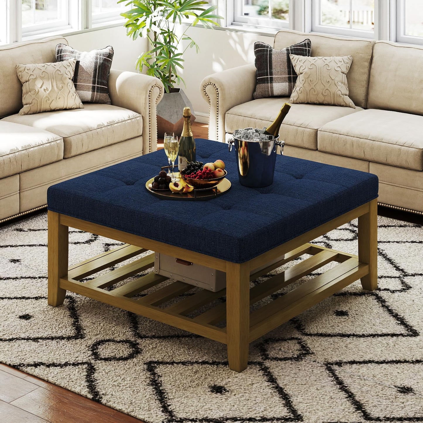 Befurtori Large Square Ottoman Coffee Table, Linen Solid Upholstered Footrest Ottoman with Solid Wood Shelf Storage Tufted Coffee Table for Bedroom Living Room, Navy Blue