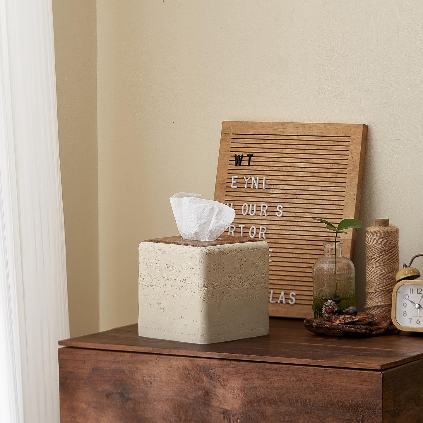 Natural Travertine & Wood Textures Tissue Box Cover Square for Home Decor,Resin Heavy Tissue Box Holder for Bathroom Countertop,Tabletop,Bedside Table,Office (Handmade of Resin)