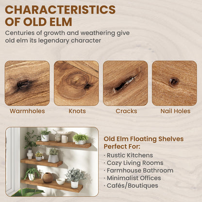 Fun Memories Wood Floating Shelves 40 Inch Long, Solid Elm Wood Wall Shelves Set of 1 for Kitchen, Living Room, Bedroom, Wall-Mounted Rustic Wooden Bathroom Shelf Storage Shelf for Farmhouse, Natural